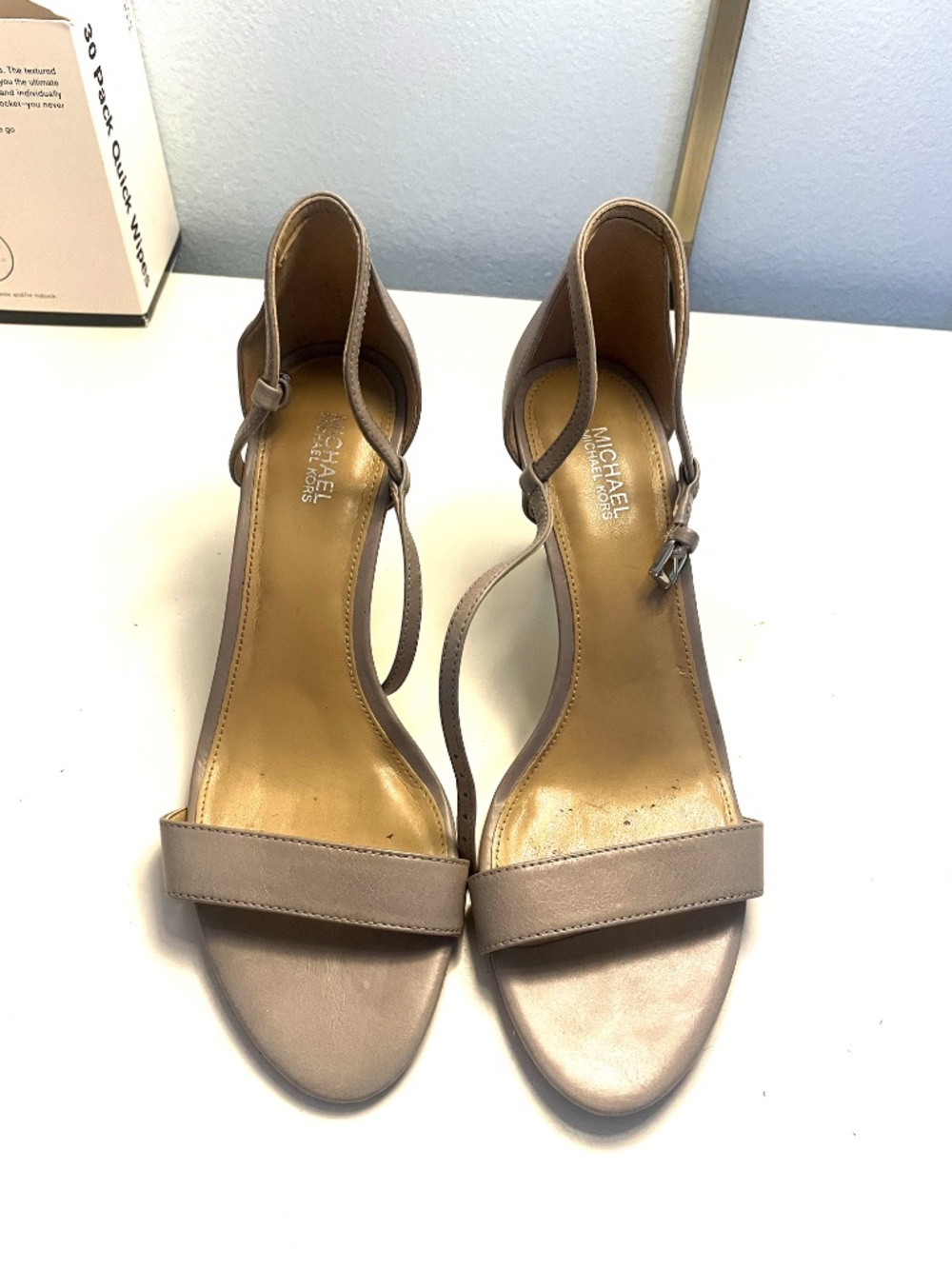 MICHAEL Michael Kors Light Grey Leather Ankle Strap Stiletto Sandal Sz 8